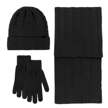 Imagem de Conjunto de 3 peças de gorro de inverno para mulheres e homens, conjunto de cachecóis de cachecóis de caxemira com forro de lã espessa, preto, tamanho único