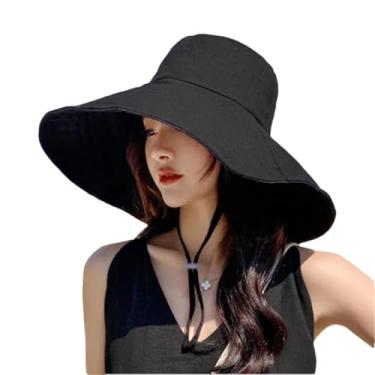 Imagem de Chapéu de sol feminino dobrável primavera e verão chapéu de sol de viagem cor sólida casual chapéu de pescador preto ajustável 54-59 cm