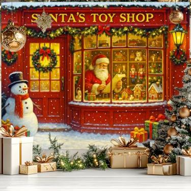 Imagem de BlissYard Santa Toy Shop Faixa de pano de fundo de Natal 2,4 x 1,8 m janela de loja vermelha Papai Noel boneco de neve presentes guirlanda decoração de férias fundo para festa infantil ambiente