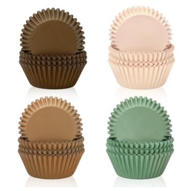 Imagem de FYSUIMU 400 peças de papel para forrar cupcake verde sálvia marrom, forro, forro, muffin, recipiente de armazenamento de bolos para floresta, animal, safári, festa, aniversário, 5 x 3 cm