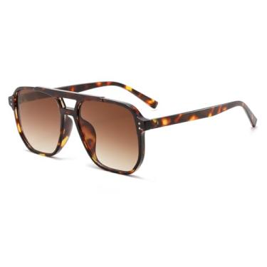 Imagem de Óculos de sol retrô quadrado aviador feminino masculino anos 70 vintage moderno armação de plástico óculos de sol, Estampa de leopardo/marrom