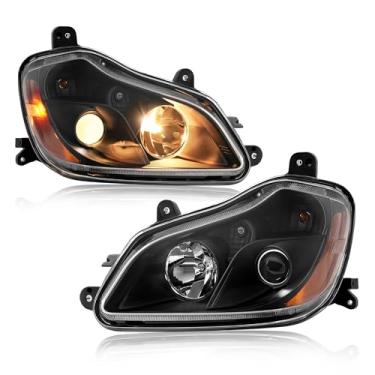 Imagem de HECASA Par de faróis com lâmpadas compatíveis com Kenworth T680 2013-2021 Lâmpada de luz frontal farol seta luzes de sinalização de direção lente transparente alojamento preto lado do motorista e do