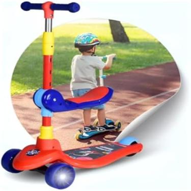 Imagem de Patinete infantil ajustavel com assento, 2 rodas, dobra, seguro e azul