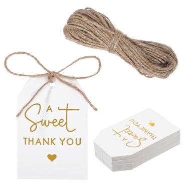 Imagem de WJIAAA A Sweet Thank You Tags, 50 etiquetas de presente de agradecimento em ouro branco com cordão de papel branco para presente de casamento, aniversário, Natal, aniversário, presente