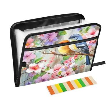 Imagem de Wassud Pássaros na árvore florida (2) 13 bolsos organizador de arquivos sanfonado pastas de arquivo expansíveis com abas e adesivos, tamanho carta A4 papel recibo documento pasta organizador para