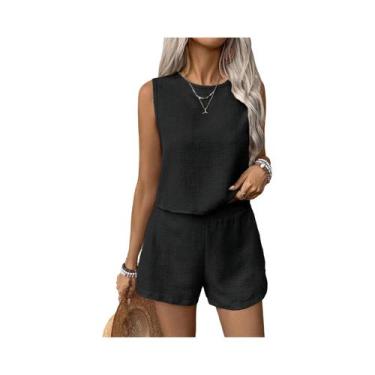 Imagem de Senhoras Cor Sólida Top E Shorts Conjunto Perfeito Para Férias Tempo D