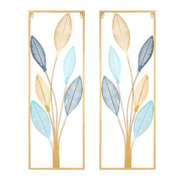 Imagem de 2 peças de arte de parede de metal ouro azul folhas de ginkgo decoração de parede para quarto, 3D Ginkgo Biloba esculturas de parede moderna decoração de parede arte para sala de estar, sala de jantar