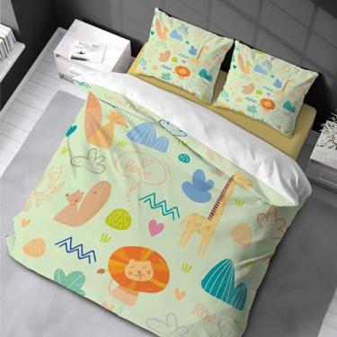 Imagem de Conjunto de capa de edredom de raposa fofa King Size desenho animado girafa leão animal da selva colorido infantil conjunto de três peças 200 x 200 cm -80 x 80 cm * 2