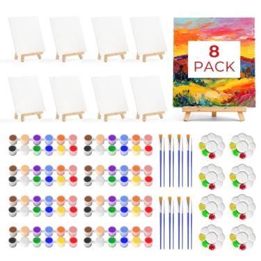Imagem de Nicpro Pacote com 8 quadros de tela de 20 × 25 cm para pintura, tela de arte com suporte de cavalete para desenho com 16 pincéis e 8 paletas e mini conjunto de tinta acrílica de 8 × 12 cores