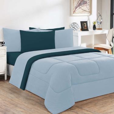 Imagem de Kit Edredom + Jogo De Lençol Malha 100% Algodão Gran Moratta 7 Peças Casal - Azul Bebê/Azul Petróleo
