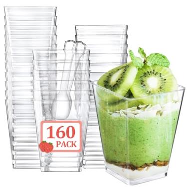 Imagem de Eupako Pacote com 160 mini copos de sobremesa de plástico de 140 g com colheres – Copos de parfait pequenos transparentes, copos quadrados para aperitivos para frutas, pudim, mousse, sorvete, festa,