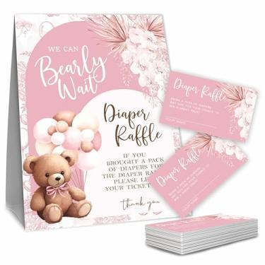 Imagem de Conjunto de sorteio de fraldas Boho para chá de bebê, urso e balões com tema rosa, 1 placa de pé e 50 bilhetes de sorteio, kit de jogo de chá de bebê, suprimentos de festa de revelação de gênero - A03