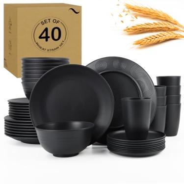 Imagem de Conjunto de pratos de palha de trigo, 40 peças, serviço para 8, conjuntos de louça de plástico inquebrável e reutilizável, pratos de sobremesa, copos, pratos de jantar seguros para lava-louças e