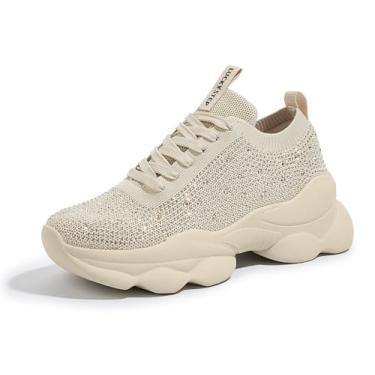 Imagem de LUCKY STEP Tênis feminino de strass grosso, brilhante, de malha deslumbrante, sem cadarço, elástico, com glitter, rave, Strass bege, 36