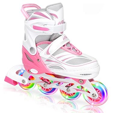 Imagem de Patins em linha ajustáveis de 4 tamanhos para crianças, patins em linha infantis com roda iluminada, patins iluminados ao ar livre para meninas, meninos e iniciantes