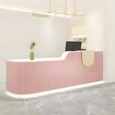 Imagem de Mesa de recepção moderna, balcão de caixa com gaveta com trava, sem necessidade de montagem, logotipo personalizável, mesa de recepção versátil para escritórios modernos (rosa 140 cm)