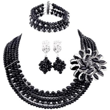 Imagem de Conjunto de joias com miçangas nigerianas aczuv 5 fileiras, colar e brincos de cristal com contas de casamento africanas 18 inches first layer