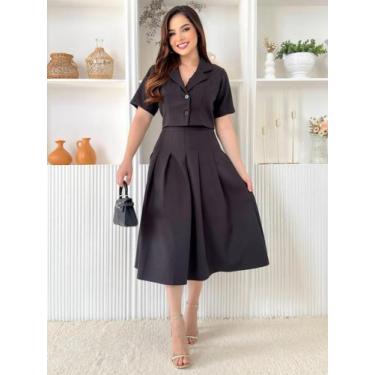 Imagem de Conjunto Feminino Saia Midi Social Soltinha e Cropped com Botão Manga 