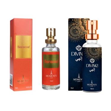 Imagem de Kit 2 Perfume de Bolsa ÁRABE Unisex BARACCAT Divine 15ml Moments Paris Maravilhosa Fragrância Âmbar Floral Amadeirado para Noite e Dia Alta Fixação e Longa Duração Projeção Intenso Spray
