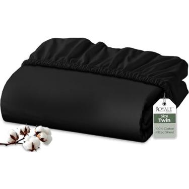Imagem de Royale Linens Lençol com elástico 100% algodão orgânico – tecido percal – lençol de baixo com bolso profundo super macio – lençol solteiro elástico preto - somente lençol com elástico - (99 x 190 cm +