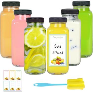 Imagem de Dayify Pacote com 6 garrafas de suco de 227 g com tampas, garrafas de suco de vidro reutilizáveis de 250 ml, potes quadrados para beber recipientes com tampas para água, leite, gengibre, kombucha