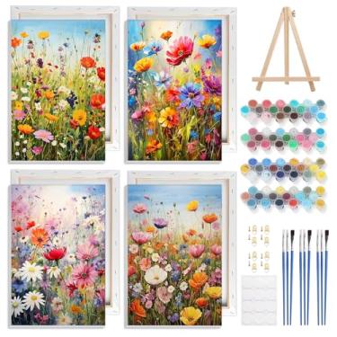 Imagem de GHHKUD Pacote com 4 tintas emolduradas por números flores silvestres para adultos e crianças, pintura de paisagem fácil DIY por números com suporte de madeira para moldura, arte em tela, presentes de
