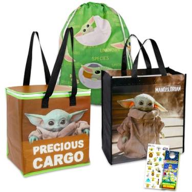 Imagem de Sacola Disney Baby Yoda ~ Pacote com 3 sacolas de mercearia Star Wars com o bebê Yoda Mandalorian's com adesivos Star Wars! (bolsas tote da Mandaloriana)