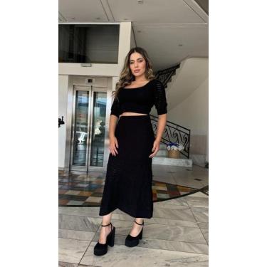 Imagem de Conjunto Tricô Blusa Manga Curta + Saia Longa Rendada - Via Moderna Tr