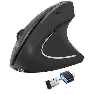 Imagem de Vassink Mouse ergonômico sem fio, conexão USB A + tipo C (2 em 1), 800/1200/1600 DPI, 6 botões silenciosos, mouse vertical recarregável de túnel do carpo de 2,4 GHz, para laptop, desktop