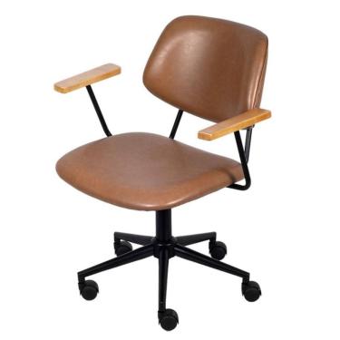 Imagem de Cadeira Escritório Giratória Riga Or Design Revestida PU Caramelo Braços Madeira Base Rodízio Preto