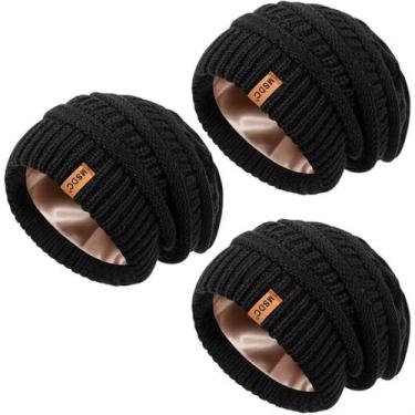 Imagem de Gorro MSDC forrado de cetim para mulheres, pacote com 3 unidades, pret
