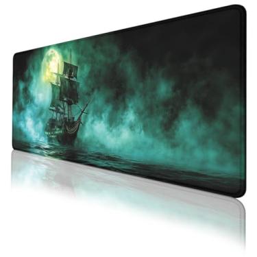 Imagem de Mouse pad para jogos de navio pirata, navio, assustador, lua assustadora, mar, estendido, mousepad, bordas costuradas à prova d'água, base de borracha, antiderrapante, deskmap, tapete de teclado de