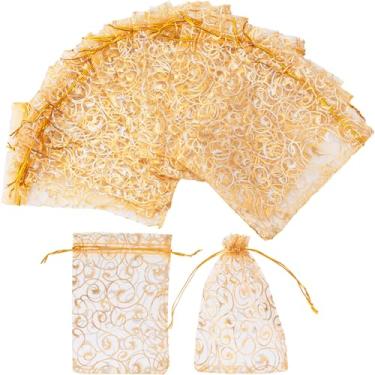 Imagem de Incinkod 40 peças de sacolas de lembrancinhas de festa, bolsa de organza transparente dourada, 10 x 15 cm, joias com cordão, bolsas impressas em vime, para lembrancinhas de festa de casamento, chá de