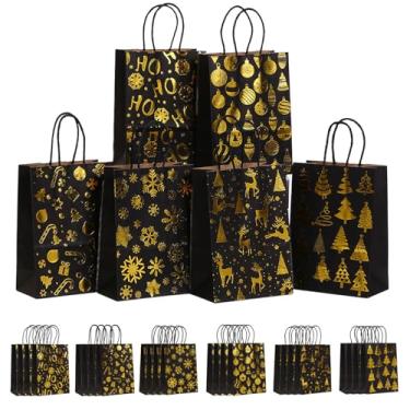 Imagem de Qigfucm Pacote com 24 sacos de presente de Natal, sacos festivos para lembrancinhas de festa de papel kraft com alças, estampa de Natal sortidos, bolsa de doces para festas de aniversário (preto