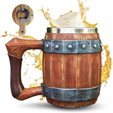 Imagem de Canecas Viking para homens, caneca de cerveja de aço inoxidável, caneca de cerveja de aço inoxidável de madeira, abridor de garrafa, caneca de pub estilo nórdico medieval, decoração de bar