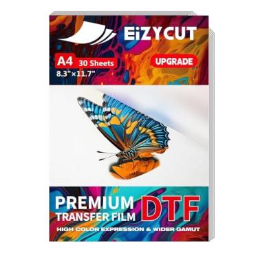 Imagem de EIZYCUT Filme de transferência DTF – A4 30 folhas 21 x 29,7 cm fosco dupla face, folhas de papel de transferência de filme DTF premium para todas as camisetas têxteis e cores de tecido escuro