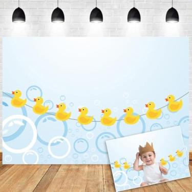 Imagem de OERJU Pano de fundo de pato de borracha para chá de bebê, pano de fundo amarelo de borracha com bolhas de pato, para crianças, recém-nascidos, decoração de festa de aniversário, faixa de vinil