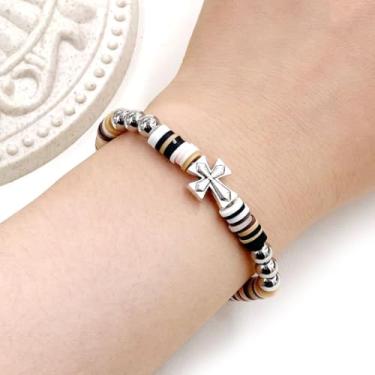 Imagem de Pulseira de disco de argila, pulseira elástica de contas de polímero multicolorido, joia minimalista boho de verão, pulseira de fé personalizável durável para mulheres, pulseira de praia versátil de