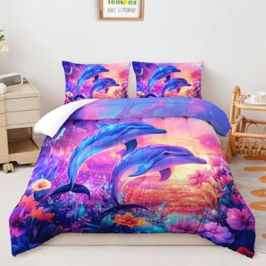 Imagem de AILONEN Jogo de cama casal com estampa de golfinho, céu floral roxo com 2 fronhas, 3 peças, tema oceano, praia, vida marinha, conjunto de colcha para decoração de quarto