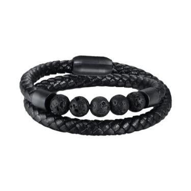 Imagem de Pulseira Masculina De Couro Preto Com Contas Vulcânicas, Joia De Chakr
