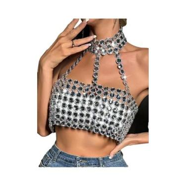 Imagem de Top Cropped De Lantejoulas Com Brilho Prateado E Costas Descobertas Pa