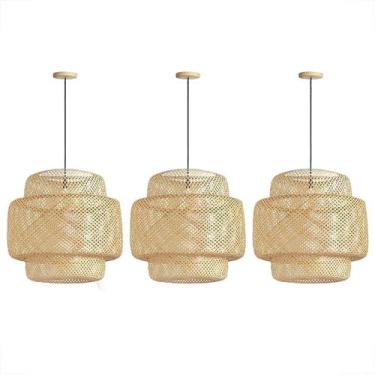 Imagem de 3 Pendente De Bambu Artesanal Fibra Natural E27 Restaurante Sala Nat03