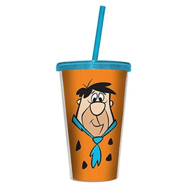 Imagem de Copo Hanna Barbera Flintstones Fred Laranja - 500 ml - com Tampa e Canudo em Polipropileno - Urban - 24,5x11 cm