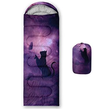 Imagem de QOOMO Sacos de dormir de acampamento impressos com estampa de gato borboleta, 3 estações clima quente e frio, leve, sacos de dormir à prova d'água para adultos e crianças, viajando e ao ar livre, equipamento de acampamento, 78 x 228 cm