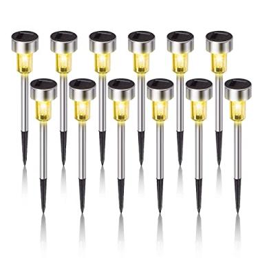 Imagem de Luzes solares externas à prova d'água, iluminação de paisagem LED de aço inoxidável, luzes solares externas para jardim, para caminho, passarela, pátio, quintal, gramado - pacote com 12 (branco