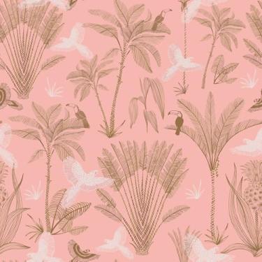 Imagem de Livelynine Papel de parede de praia de 44,5 x 701 cm descasque e cole palmeiras e pássaros autoadesivo mural de parede tropical rosa dourado branco menina praia litoral papel de contato impermeável