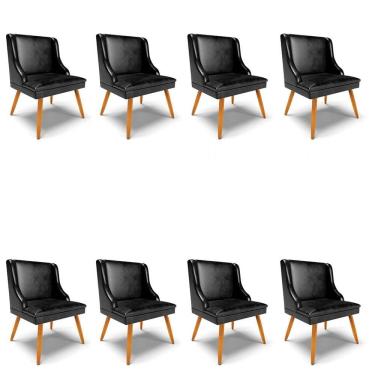 Imagem de Kit 8 Cadeiras Estofadas Para Sala De Jantar Pés Palito Lia Sintético Premium Preto - Ibiza