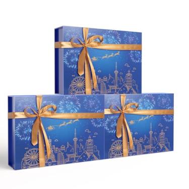 Imagem de Caixas de presente de Natal com tampas 24 x 18 x 9 cm, pacote com 3 caixas de presente magnéticas azuis com glitter gradiente – Caixa de papel de papelão, para presente de festa de véspera