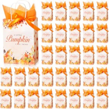 Imagem de AmazingSpark 50 pacotes de sacos de presente de chá de bebê de outono, sacos de lembrancinha de chá de bebê de abóbora com alça e papel de seda decorativo para convidados, presentes de festa de