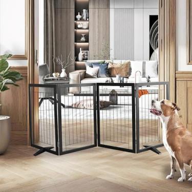 Imagem de ZJSF Portão interno independente para cães, cerca dobrável para portas, corredores ou escadas, portão extra largo de madeira resistente para animais de estimação com pés de apoio, preto, 81 cm de